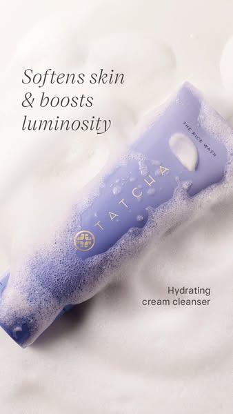 This ad for Tatcha Rice Wash features the product and emphasizes the benefits of softening skin and boosting luminosity.