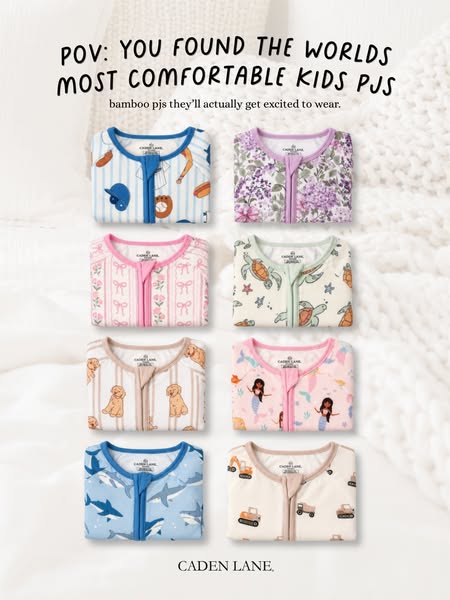 This ad features eight different patterns of Caden Lane bamboo kids PJs. The headline speaks from the POV of the parent,