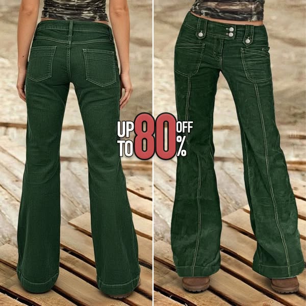 This ad features a pair of green corduroy pants shown in a split-screen format. The text overlay reads 'Up to 80% of