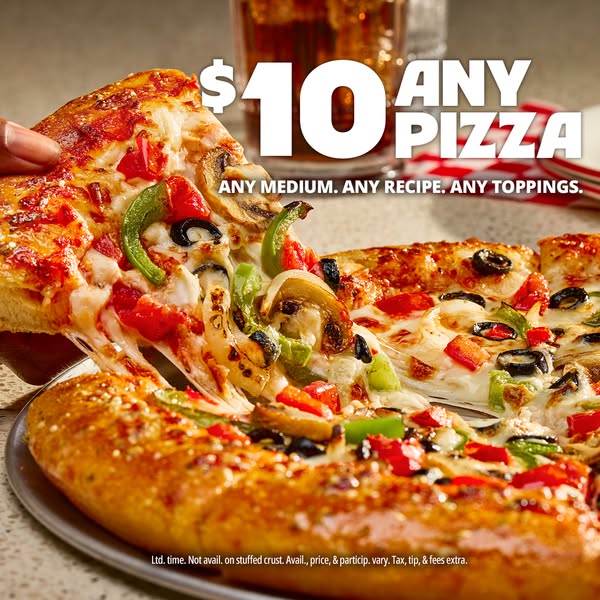 This image ad promotes a pizza deal, offering any medium pizza with any recipe and any toppings for $10.