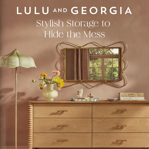 This ad by Lulu and Georgia features stylish storage solutions, specifically a dresser, to resolve clutter or 'mess&