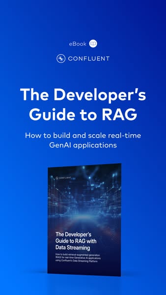 This is an ad for Confluent's eBook, "The Developer's Guide to RAG". It informs developers how to buil