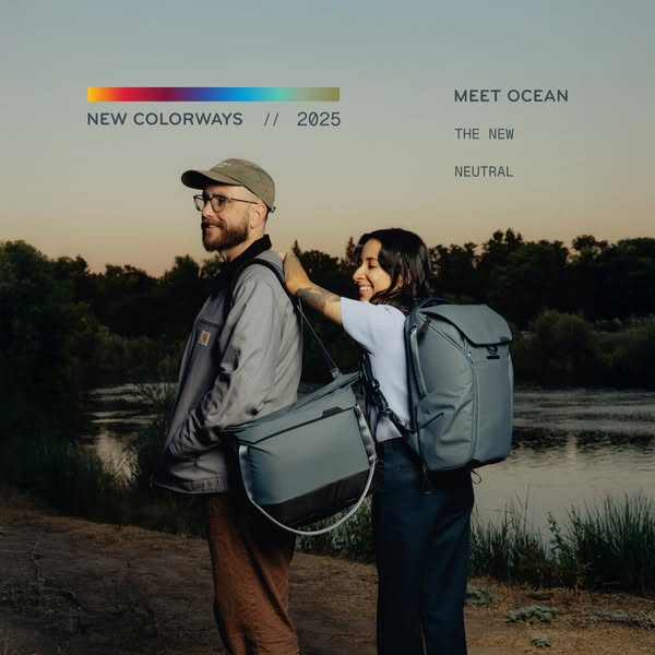 This ad showcases the new colorways for Peak Design bags, highlighting the 'Ocean' neutral tone. It features a c