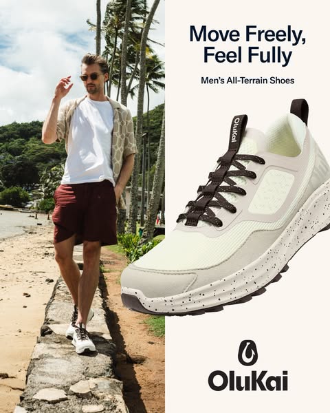 This ad for OluKai all-terrain shoes features a man walking on a beach path, paired with a close-up of the shoe and the 