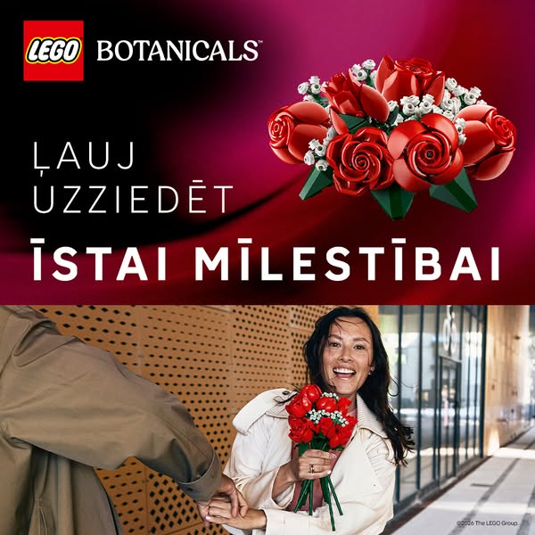 This image ad promotes LEGO Botanical roses as a gift for real love. It features a woman happily holding a bouquet of LE