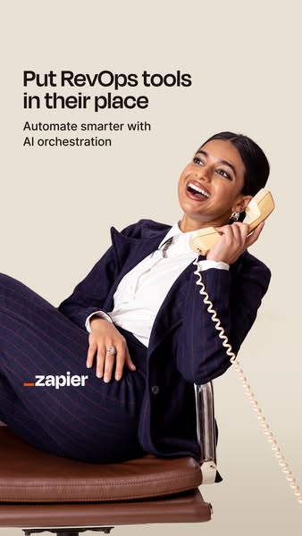 This ad promotes Zapier as a tool to automate RevOps with AI orchestration. It features a woman in a business suit smili
