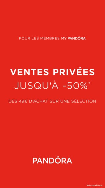This ad for Pandora promotes a private sale for members, offering up to 50% off on select items with a minimum purchase 