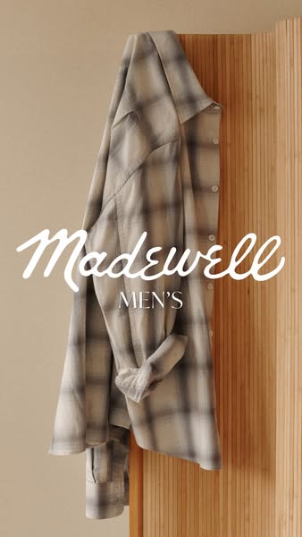 This image ad showcases a plaid button-down shirt from Madewell's men's line. The shirt is casually draped over 