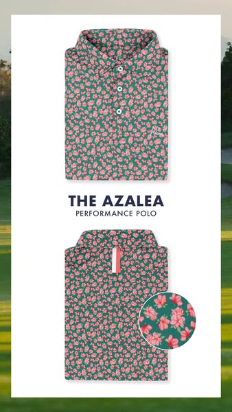 This Meta image ad showcases 'The Azalea Performance Polo' shirt with close-up views that emphasize the shirt