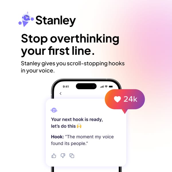 This ad for Stanley highlights the app's feature of providing scroll-stopping hooks for audio content creators. The 