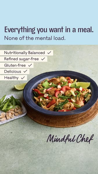 This ad for Mindful Chef promotes balanced and healthy meals that are refined sugar-free and gluten-free.