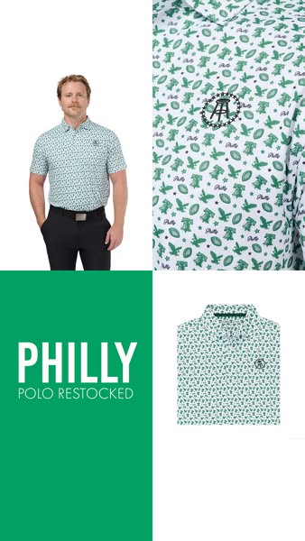This ad features a man wearing a green and white patterned short sleeve polo shirt and promotes that the Philly polo is 
