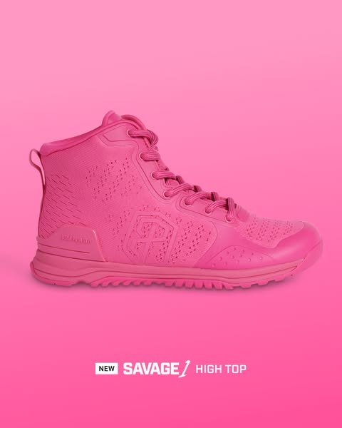 This ad showcases a pink high-top shoe against a matching pink background. The text highlights the shoe as a new Savage 