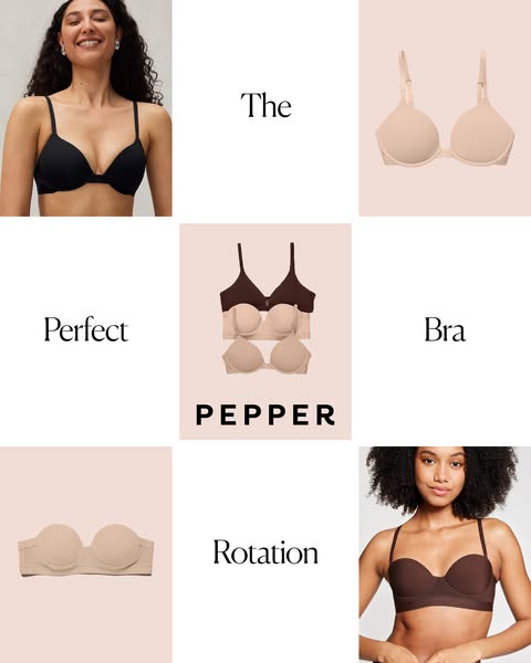 This ad showcases Pepper brand bras in a 3x3 grid layout. The ad features models wearing the bras and product-only shots