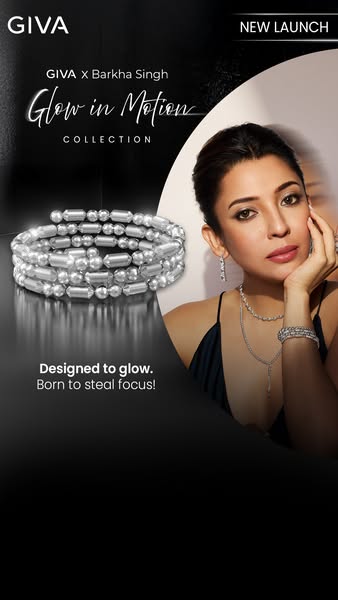 This image ad for GIVA's Glow in Motion collection features a woman wearing jewelry from the collection. The ad high