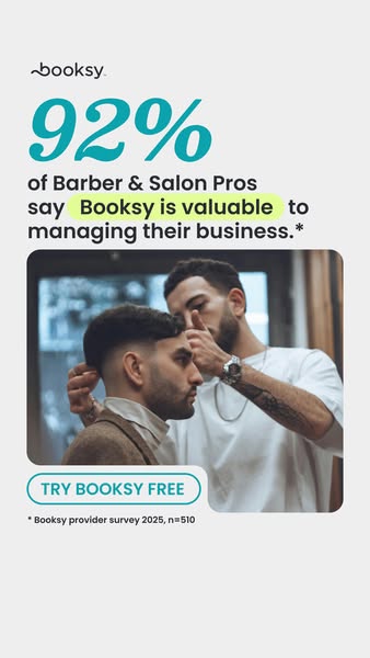 This ad for Booksy uses a statistic from a survey to show that barbers and salon professionals find Booksy valuable for 