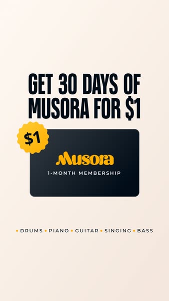 The ad is for Musora, a music education platform, offering 30 days of access for $1.