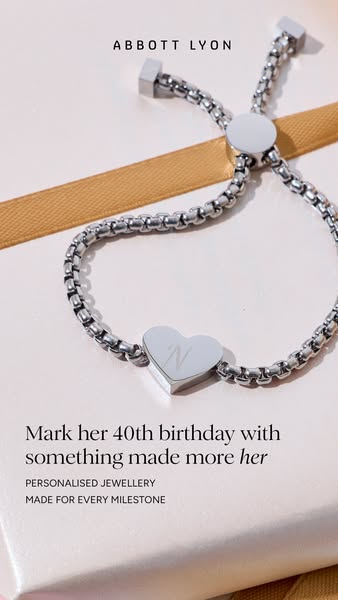 This image ad from Abbott Lyon promotes personalized jewelry as the perfect gift for a 40th birthday. It features a clos