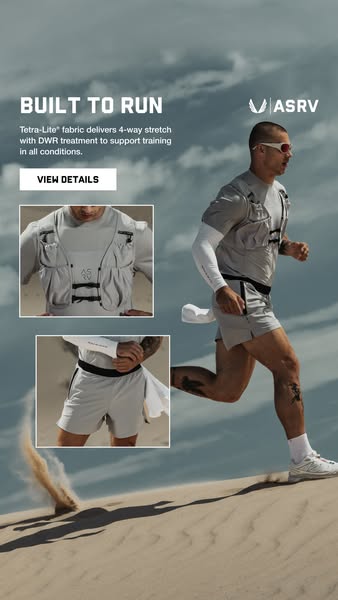 This Meta image ad highlights the features of ASRV running apparel. It shows a runner in motion on a sand dune, with ins