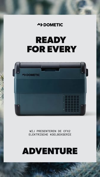 This ad showcases the Dometic CFX3 electric cooler, highlighting its adventure-ready capabilities and modern design.