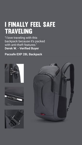 This image ad features a gray backpack and a testimonial from a verified buyer who feels safe traveling with the product