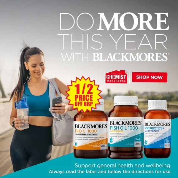 This ad for Blackmores vitamins features a woman with a gym bag and water bottle heading outside after a workout. She is