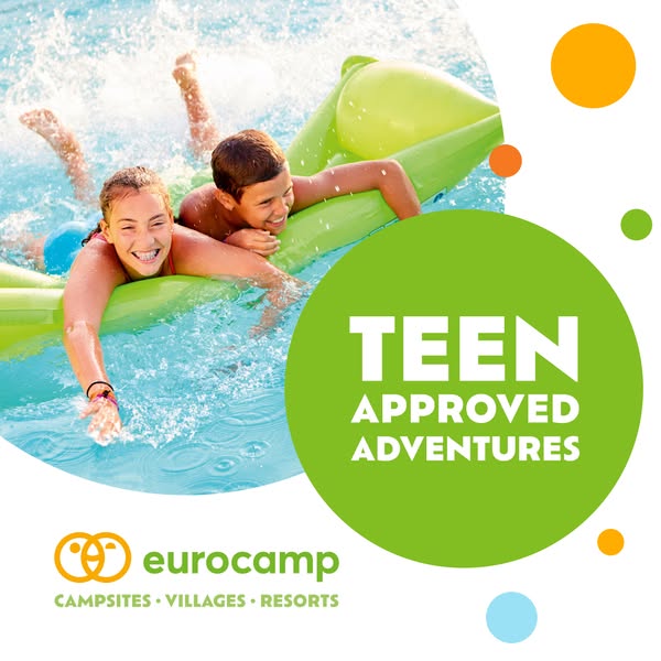 This image ad for Eurocamp features two smiling children in a pool on an inflatable raft, with the text "TEEN APPRO