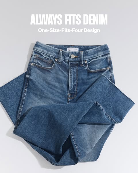 This ad showcases a pair of denim jeans with a 'One-Size-Fits-Four' design, emphasizing the brand's innovati