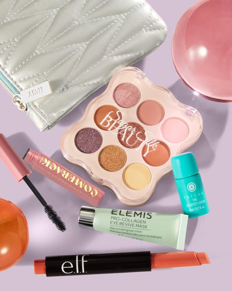 This ad showcases a variety of beauty products, including an eyeshadow palette, mascara, eye mask, serum, and lip produc