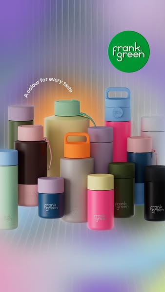 This ad features a variety of Frank Green products in different colors and sizes. The ad emphasizes the brand's comm