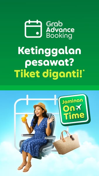 This ad promotes Grab's advance booking feature by assuring users that if they miss their flight, Grab will replace 