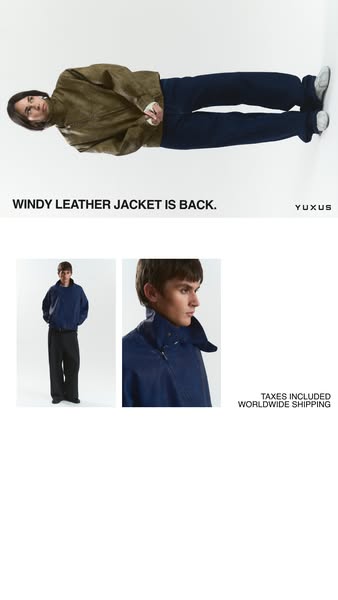 This ad for Yuxus features still product shots of their Windy Leather Jacket and text that reads, "WINDY LEATHER JA