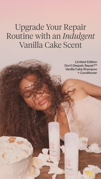 This ad for Briogeo showcases their Limited-Edition Don't Despair, Repair! Vanilla Cake Shampoo + Conditioner. The a