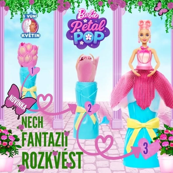 The ad features the Barbie Petal Pop doll. The doll is shown in three stages, starting from what appears to be a tulip b
