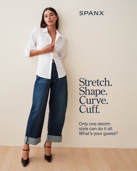 This ad showcases Spanx denim, highlighting its stretch, shape, curve, and cuff features. It ends with a question to eng
