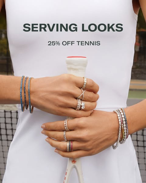 This image ad showcases a woman in a tennis outfit adorned with tennis-themed jewelry, promoting a 25% discount on tenni