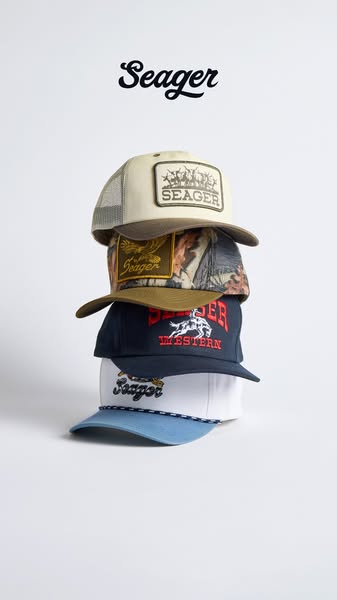 This Meta image ad showcases the Seager brand and promotes a series of their hats by stacking them on top of each other 