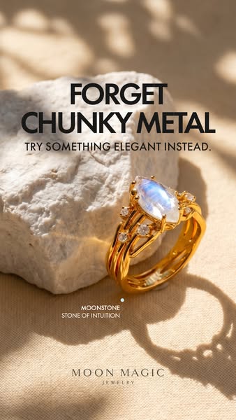 This ad features a close-up product shot of a gold ring with a pearlescent stone resting on a neutral-colored background