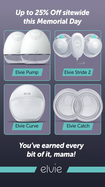 This image ad promotes Elvie brand breast pumps and accessories, offering a sitewide discount of up to 25% off for Memor