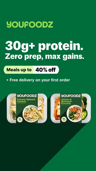 This image ad promotes Youfoodz, highlighting its high-protein, ready-to-eat meals with a discount offer and free delive