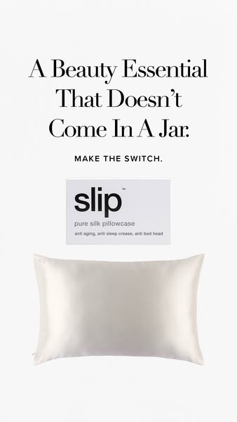The ad promotes Slip's pure silk pillowcase as a beauty essential that is not a skincare product that comes in a jar