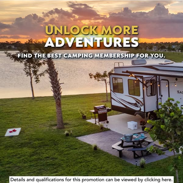 This image ad promotes a camping membership, highlighting outdoor adventures with an RV parked in a scenic location at s