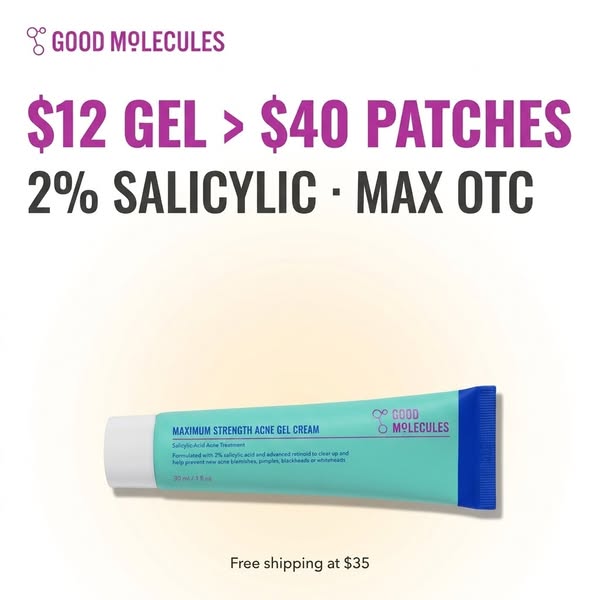 This ad for Good Molecules maximum strength acne gel cream positions the product as a more affordable alternative to acn