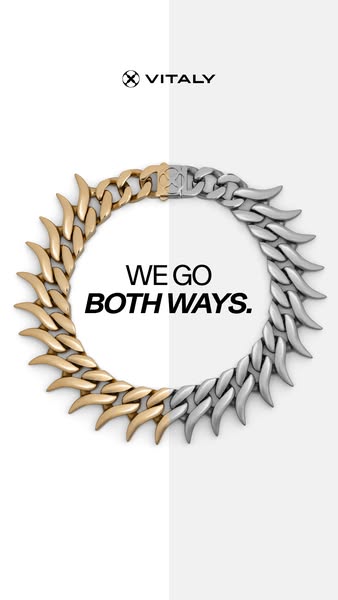 This ad showcases a two-tone chain necklace from Vitaly. The necklace is half gold and half silver, and the ad copy says