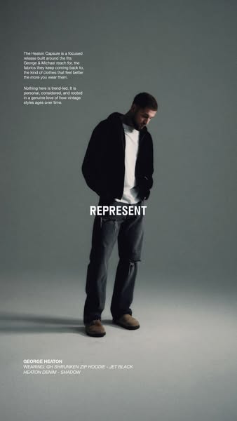 The ad features a man wearing REPRESENT clothing, highlighting the brand's focus on quality fabrics and timeless, pe