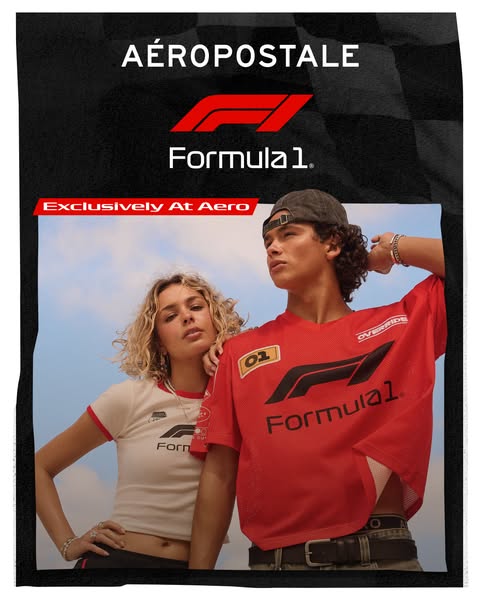 This image ad promotes the collaboration between Aeropostale and Formula 1. It features a male and female model wearing 