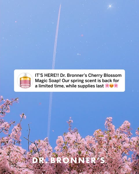 This ad announces the return of Dr. Bronner's Cherry Blossom Magic Soap for a limited time.