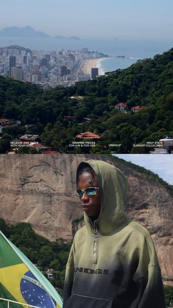 This ad features an individual in a hoodie against a backdrop of Brazil's landscape, promoting a summer collection.