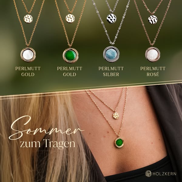 This ad displays four variants of the same necklace design with different colored stones. The caption emphasizes how the