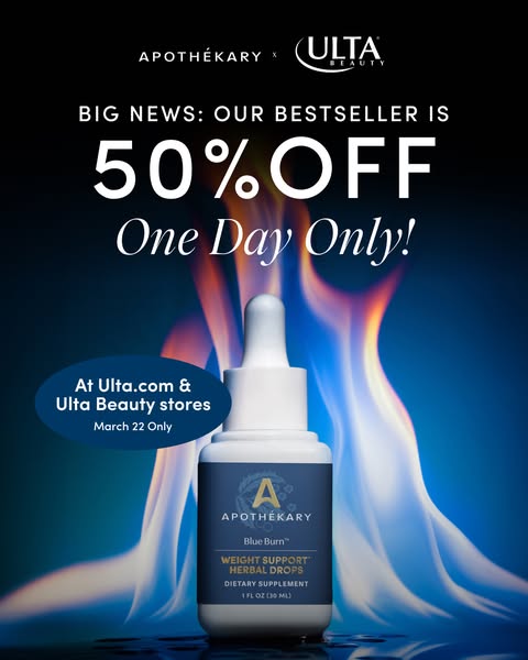 This ad promotes Apothekary's Blue Burn weight support herbal drops, highlighting a 50% off sale exclusively at Ulta